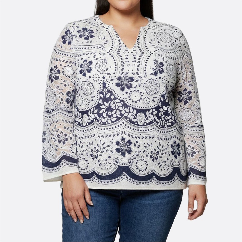 Chico's White Navy Lace Floral Print Long Sleeve Tunic Top Boho Chic Blouse 0X L